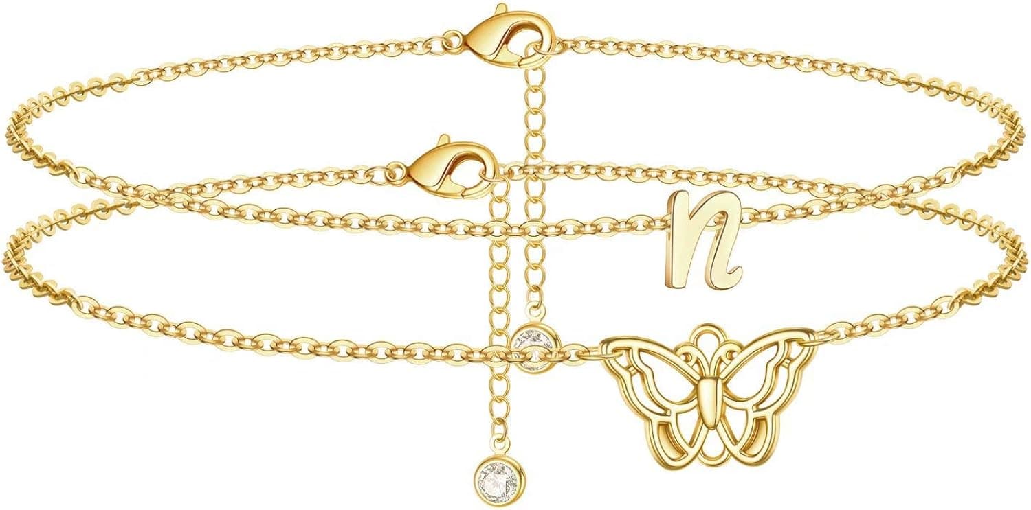 Turandoss Initial Butterfly Ankle Bracelets for Women, 14K Gold Filled Handmade Dainty Layered Butterfly Anklet Letter Initial Butterfly Ankle Bracelets for Women Girls Summer Beach Jewelry