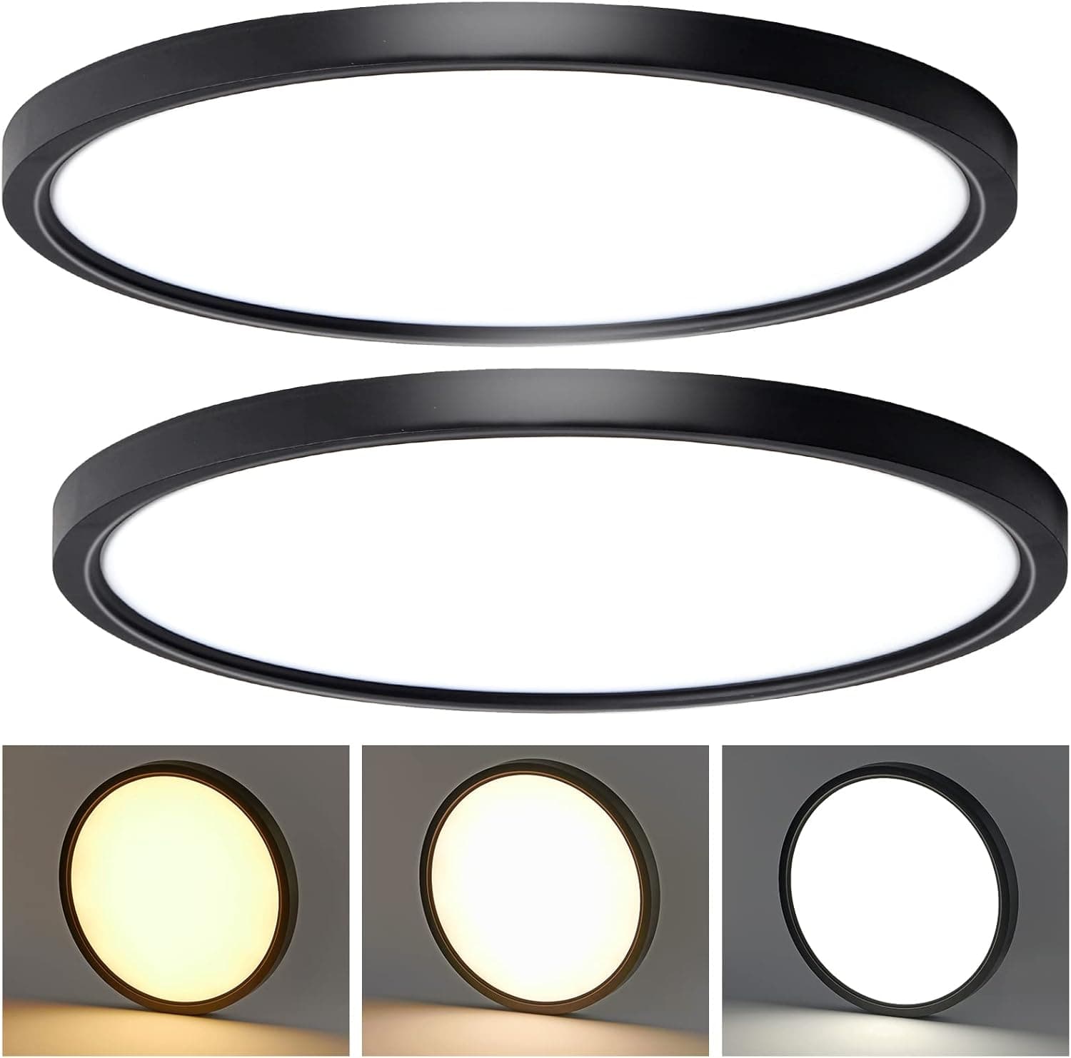 CycevSun 15.8 Inch Black Blush Mount Ceiling Light, Dimmable & 3000K-4000K-5000K 3 Color Selectable - 24W Low Profile Slim Surface Light- 2 Pack