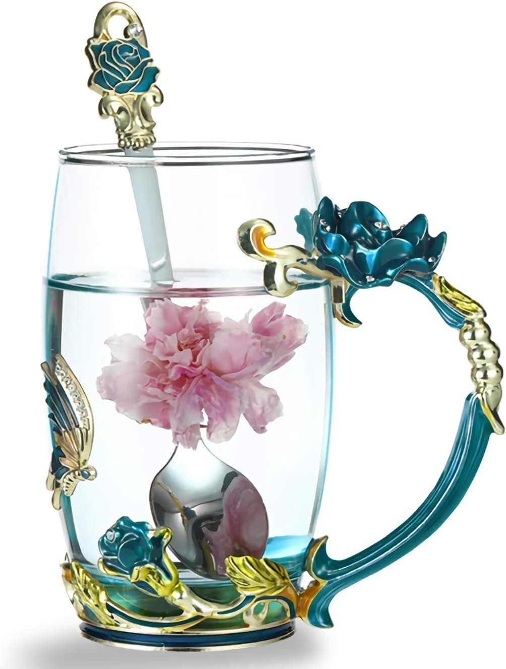 Kingrol 12 oz Glass Tea Cup with Spoon, Handmade Coffee Mug with Enamel Flower & Butterfly, Unique Gift For Women Wedding Birthday Valentine's Day Christmas