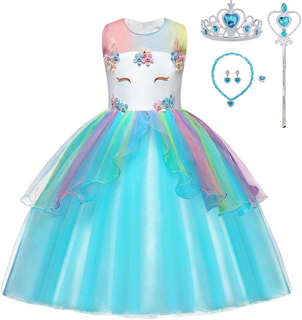 HenzWorld Little Girls Dresses Outfits Unicorn Costume Princess Clothes Rainbow Tutu Birthday Party Halloween Cosplay Jewelry Accessories Main Blue Kids Age 5-6 Years