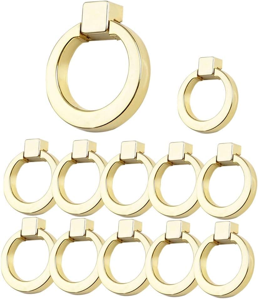 12 Pack MOOD.SC Cabinet Ring Knobs and Pulls, Single Hole Hardware Handle Gold Ring Handle for Dresser Drawer Cupboard (12, Gold)