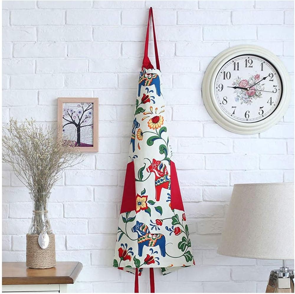 Love Potato Cute Cartoon Dala Horse Design Adjustable Kitchen Cooking Apron for Women with 2 Pockets, Red