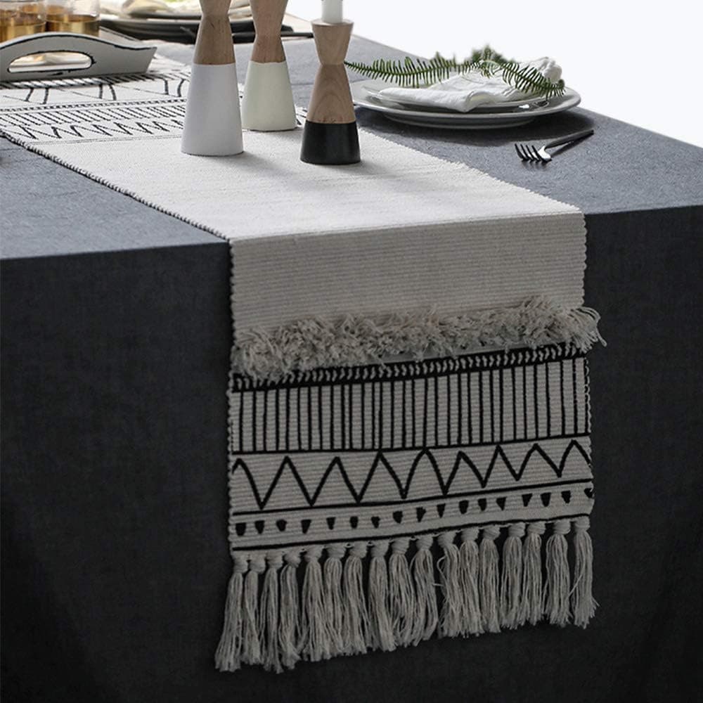 KIMODE Moroccan Fringe Table Runner 14 X 72 in, Bohemian Geometric Cotton Fabric Handmade Woven Tufted Tassels Christmas Table Linen Machine Washable Minimalist Home Decorative, Black and White