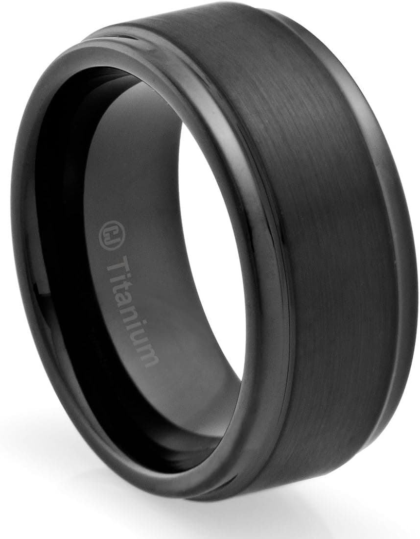 Cavalier Jewelers 10MM Men's Titanium Ring Wedding Band | Black Plated | Brushed Top and Grooved Polished Edges