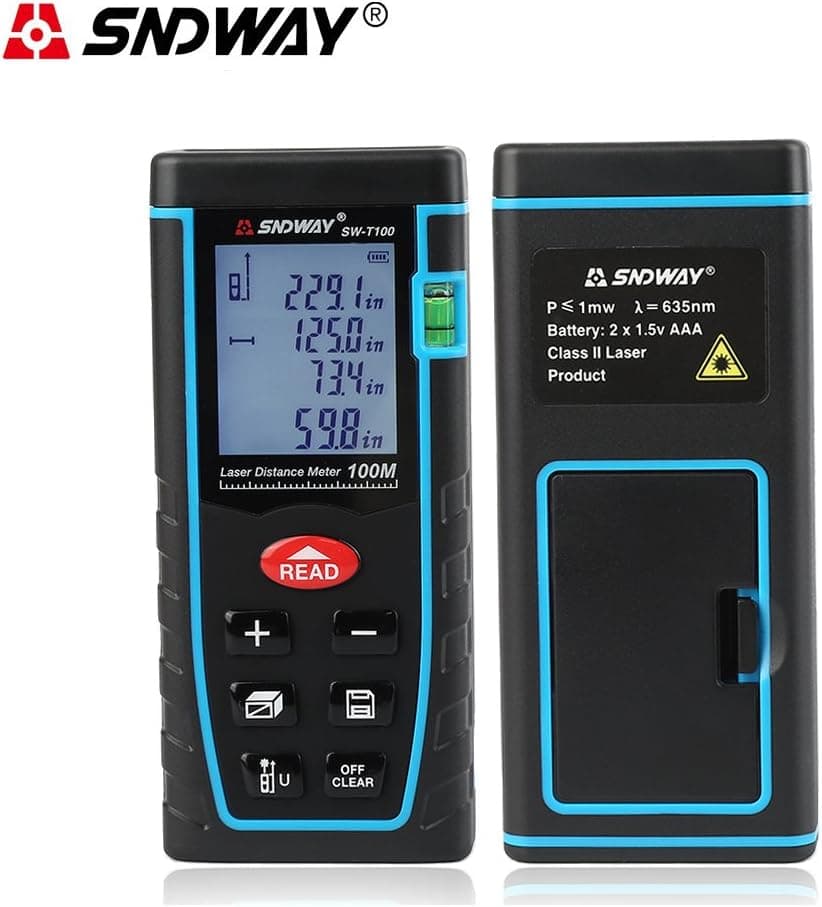 SNDWAY Laser Distance Measure 329ft/100m, Professional Digital Diastimeter Measure Multi Measurement Modes Portable Handle Tool Range Finder with Bubble Level and Large Backlit LCD 4 Line Display