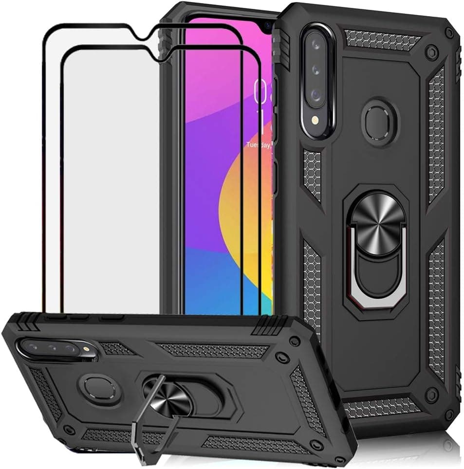 BTShare for Samsung Galaxy A20S Case & Tempered Glass Screen Protector [2 Pack], Rugged Anti-Scratch Shockproof Kickstand Cover Compatible Magnetic Car Mount Ring Grip, Black