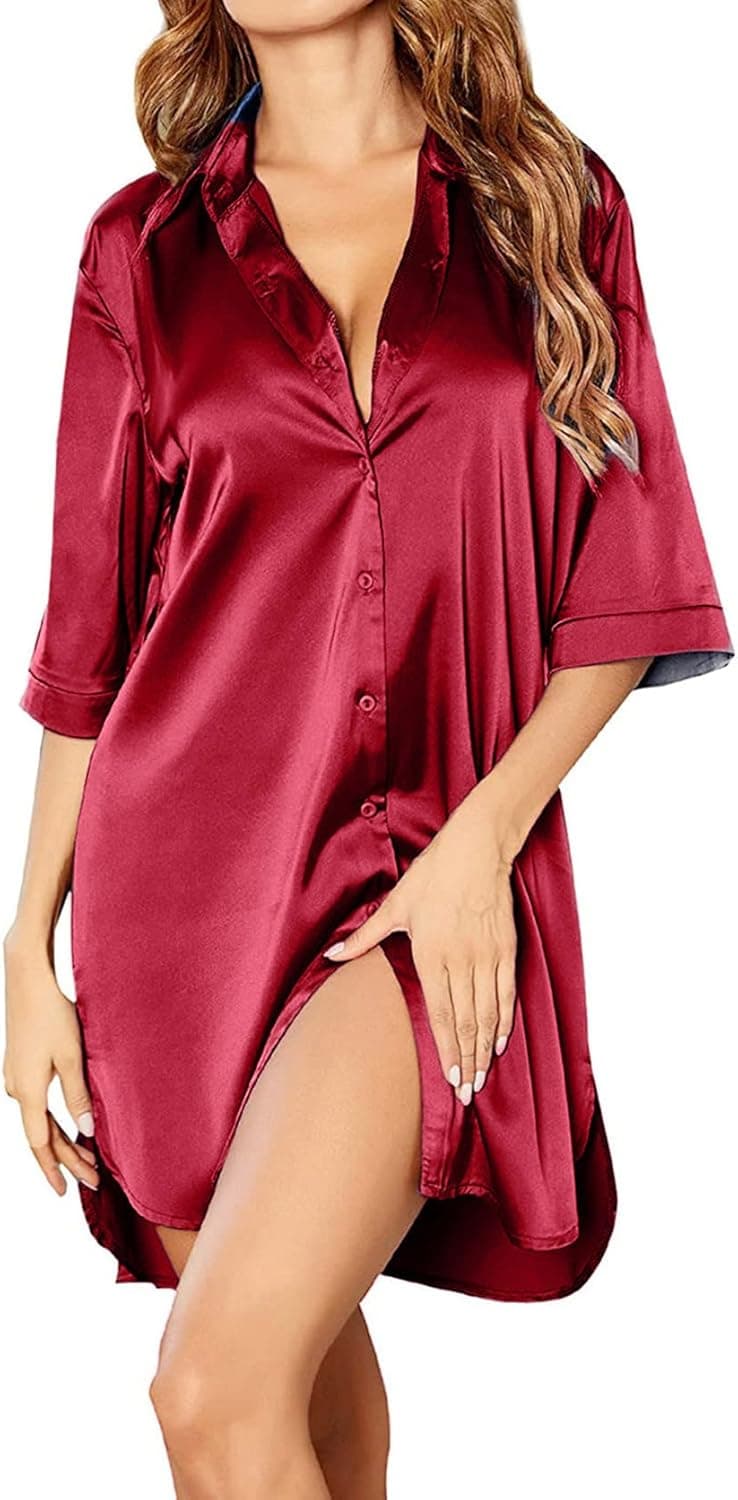 Rooscier Women's Nightgown Satin Button Down Collar 3/4 Sleeve Nightshirt Pajamas