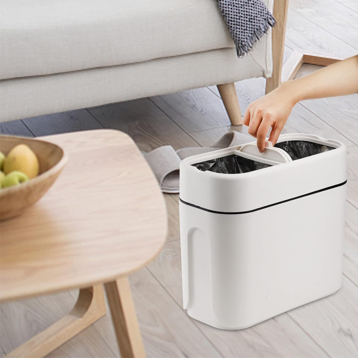 Suwimut 10 Liter Slim Plastic Trash Can with Lid, 2.4 Gallon Double Barrel Waste Basket, White Modern Rectangular Dog-Proof Garbage Container Bin for Bathroom, Living Room, Kitchen and Office