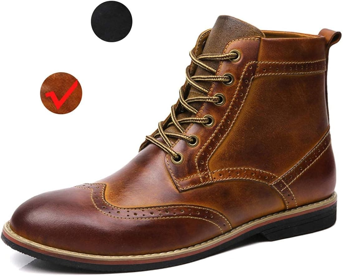 LSGEGO Men's Retro Leather Oxford Boots Lace Up Brogue Casual Moccasins Shoes for Men Dress Ankle Boots Yellow Brown, 10.5