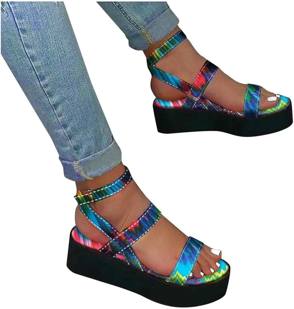 Baiggooswt Womens Open Toe Platform Flats Buckle Ankle Straps Beach Shoes Fashion Printed Thick Bottom Roman Sandals