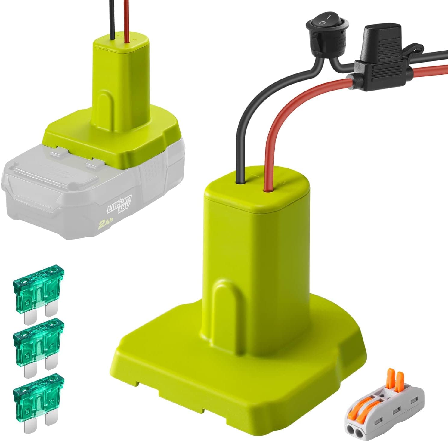 Power Wheels Battery Adapter for Ryobi 18V One+ Series, with Wire Terminals & 3 Pcs Fuse, Use 14 Gauge Wire, Good Power Convertor for DIY Power Wheels, Robots, Toys, Power Tools