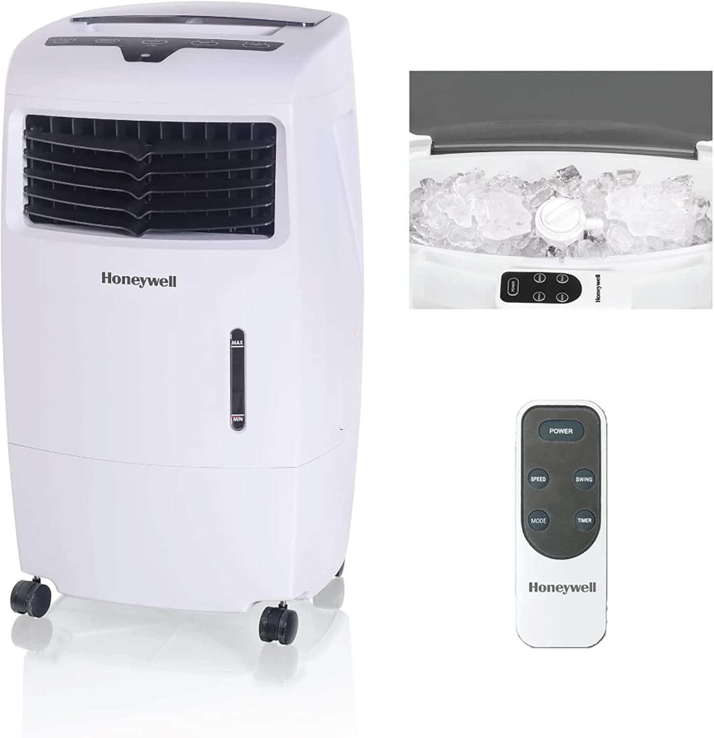 Honeywell 500 CFM Indoor Portable Evaporative Cooler for Rooms up to 300 Sq. Ft. with Fan & Humidifier, Carbon Dust Filter & Remote Control