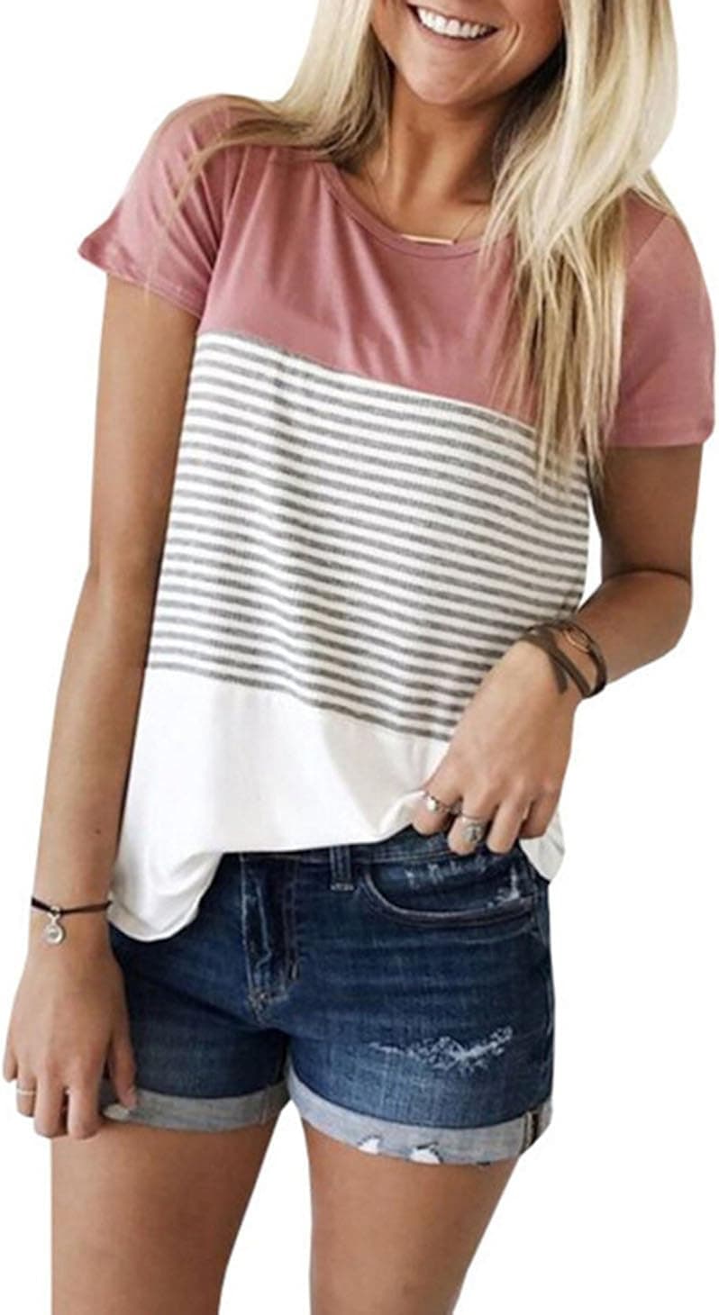 Women's Summer Short Sleeve Striped Junior Blouse Casual Tops T-Shirt