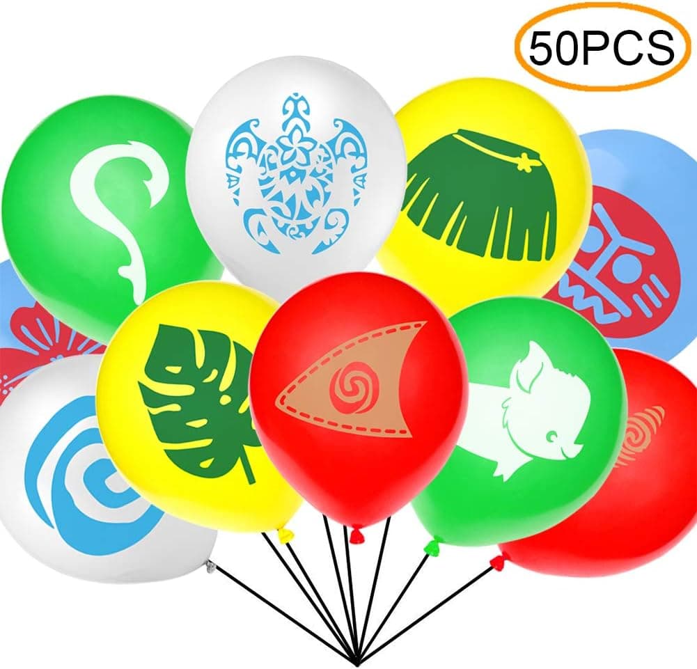 50 Pcs Moana Inspired Balloons Birthday Decoration Boat Sail Swirls Hooks Hawaiian Flower Leaves for Tropical Luau Summer Party