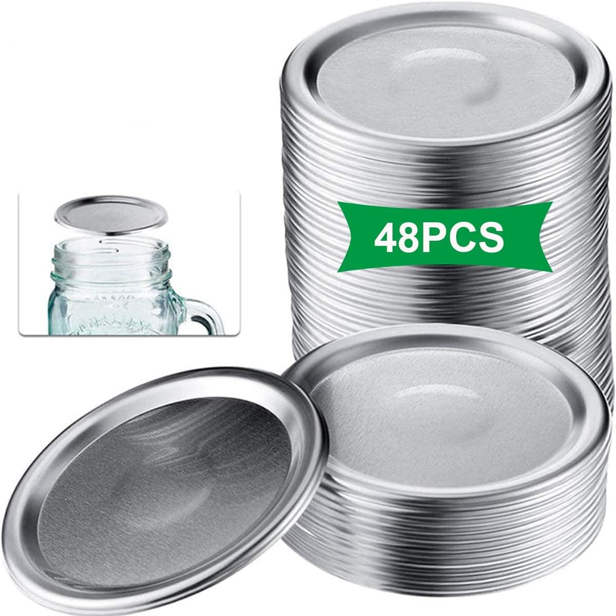 LOLOST Regular Mouth Canning Lids, 48 PCS Mason Jar Lids 100% Fit For Ball Kerr Jars Food Grade Material Split-Type Metal Canning Jar Lids BPA Free Airtight & Leak Proof, Silver/70 MM