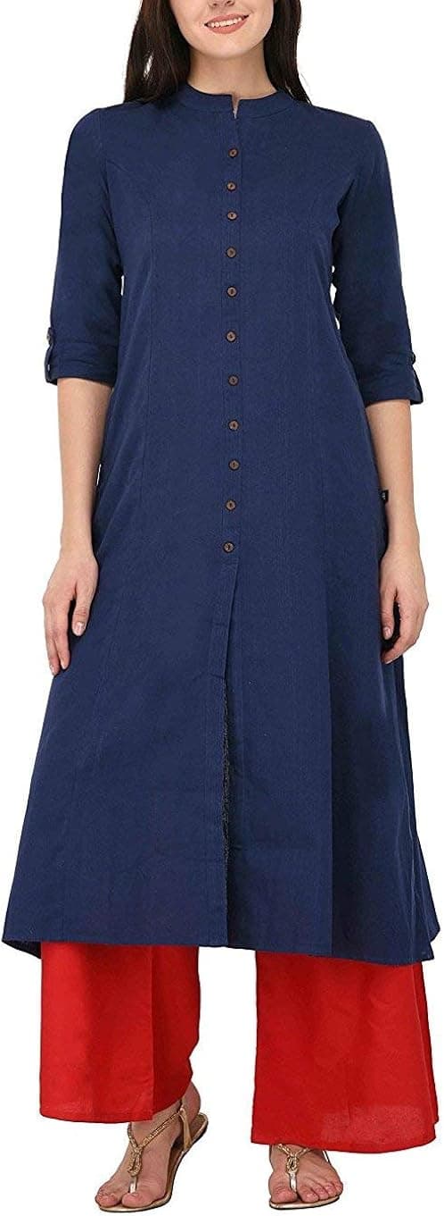 ladyline Women's Pure Cotton Plain Tunic Top Front Slit 3/4 Sleeves Roll-UP Chinese Neck Buttons Down Pocket Long Kurti Kurta