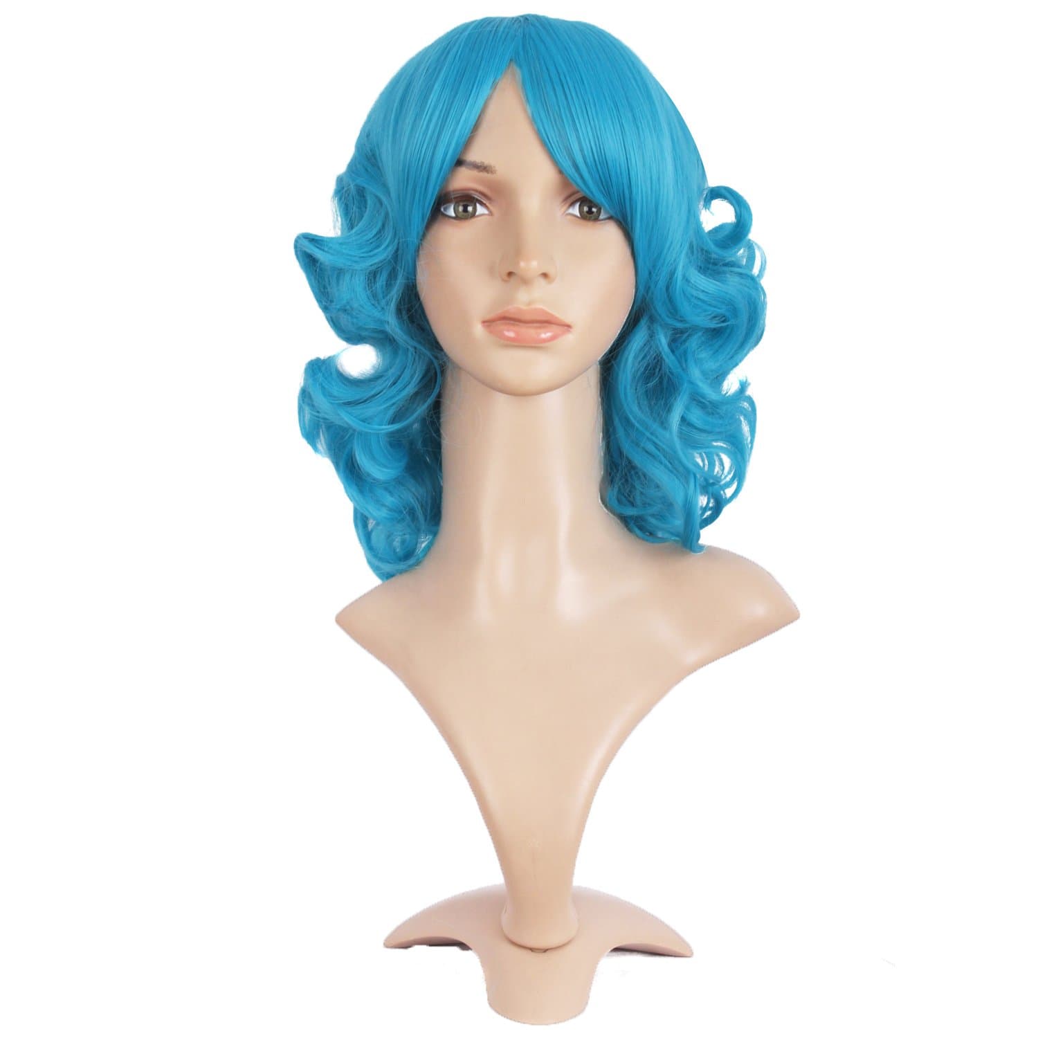 MapofBeauty 14 Inch/35cm Charm Side Bangs Fluffy Synthetic Curly Short Hair Wig (Cyan Blue)