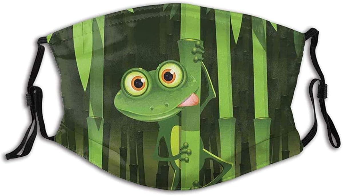 EILANNA Funny Illustration of Friendly Fun Frog On Stem of The Bamboo Jungle Trees Cute Nature Dust Washable Reusable Filter and Reusable Mouth Warm Windproof Cotton Face