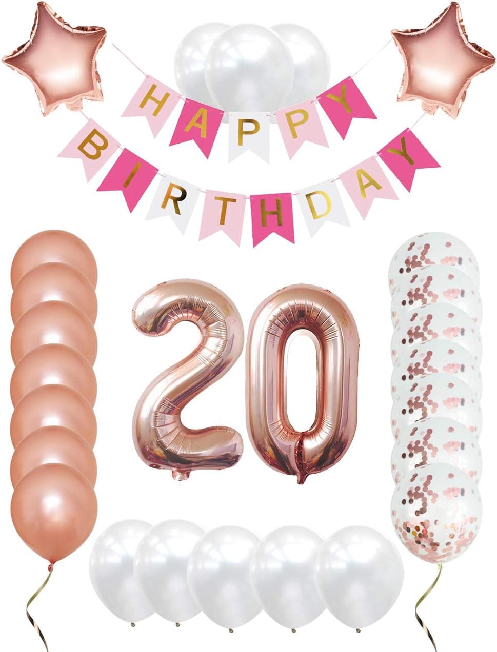 Rose Gold Birthday Party Decorations KIT - Happy Birthday Banner, Rose Star Foil Balloons for Birthday Party Rose Gold confetti balloons with pink star flags