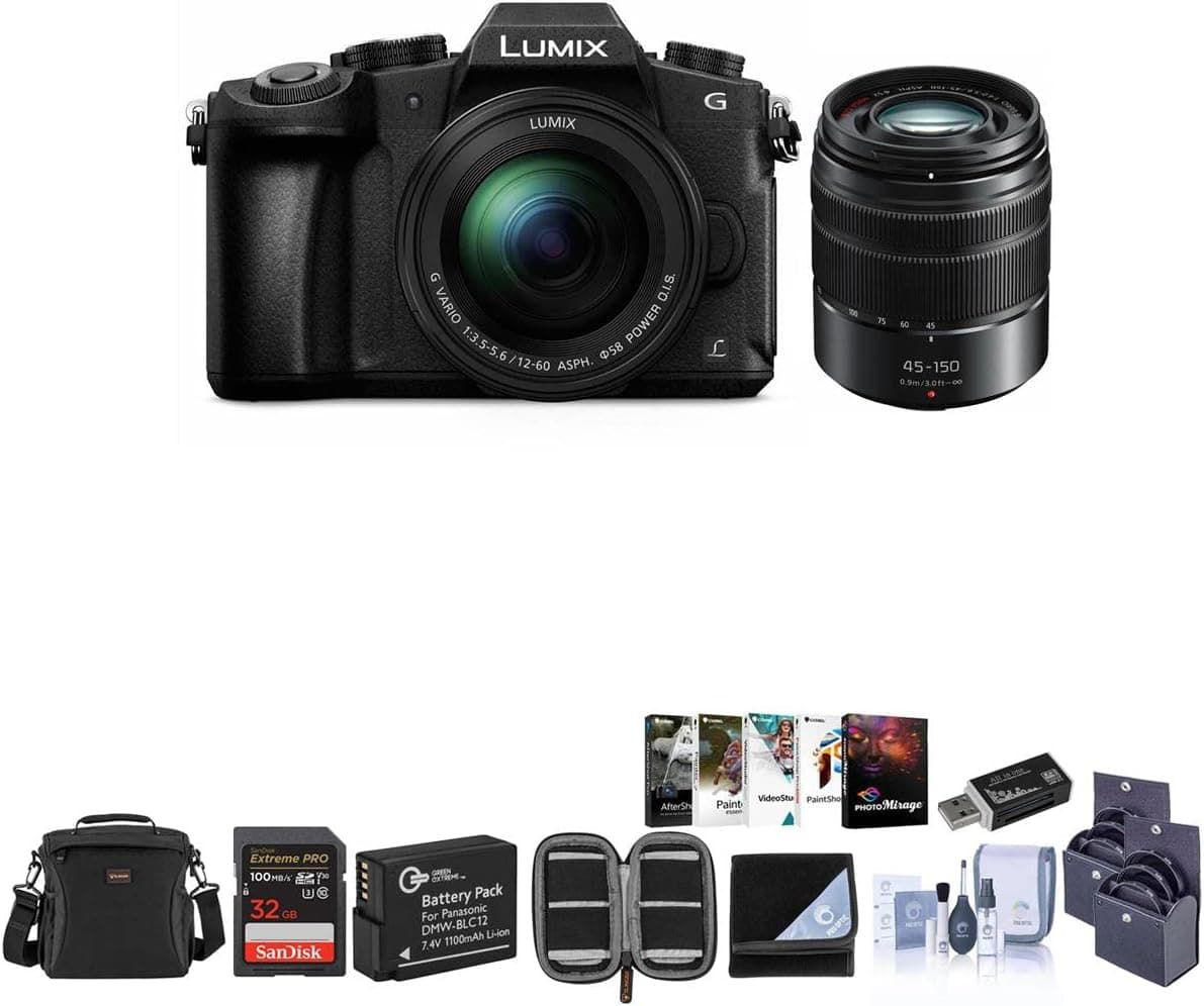Panasonic Lumix DMC-G85 Mirrorless Camera with 12-60mm f/3.5-5.6 Lumix G Power OIS Lens, Lumix G Vario 45-150mm f/4.0-5.6 ASPH Lens Black - Bundle with Camera Bag, 32GB SDHC Card, Spare Battery. More