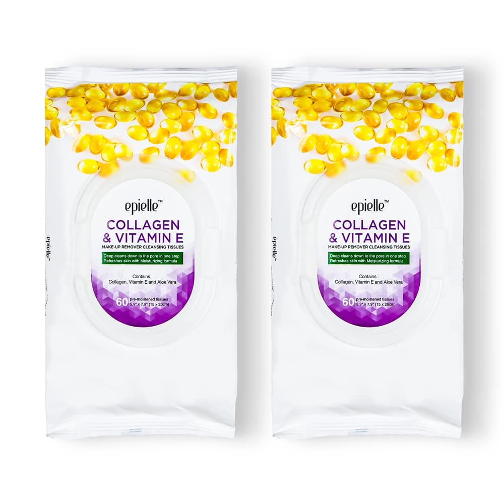 Epielle New Makeup Remover Cleansing Wipes Tissue Towelettes - Collagen, 60 Counts, 2 Pack Beauty Stocking Stuffers Gift