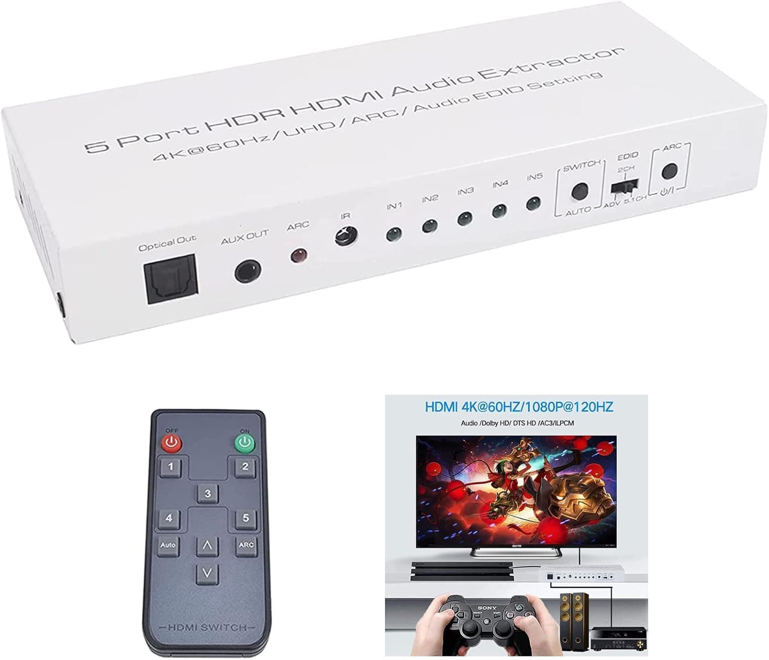 Forfire 4K@60Hz HDMI Splitter 5 in 1 Out, HDMI Switch with Remote Support HDMI 2.0 HDCP 2.2 HDR EDID for Fire Stick 4K HDTV PS4/5 Game Consoles PC Sky Box (White)