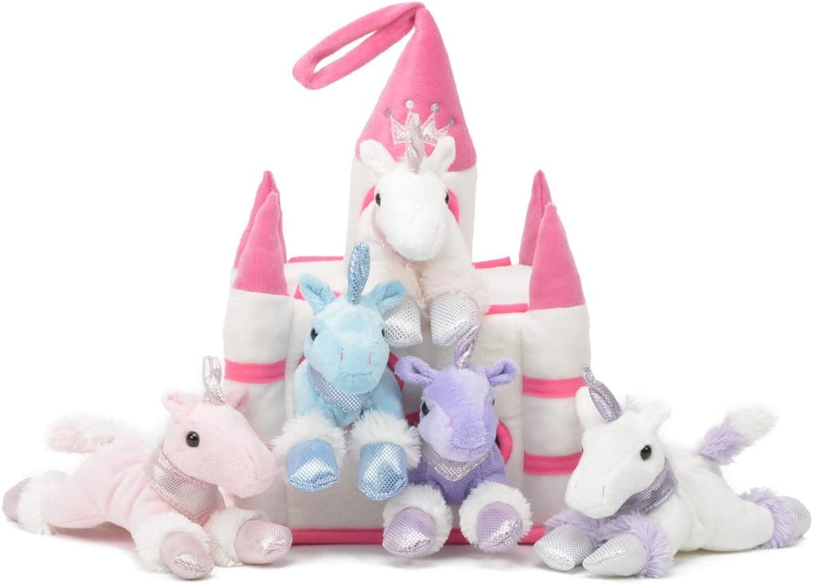 Plush Unicorn Castle with Animals - Five (5) Stuffed Animal Unicorns in Play Carrying Castle Case - White