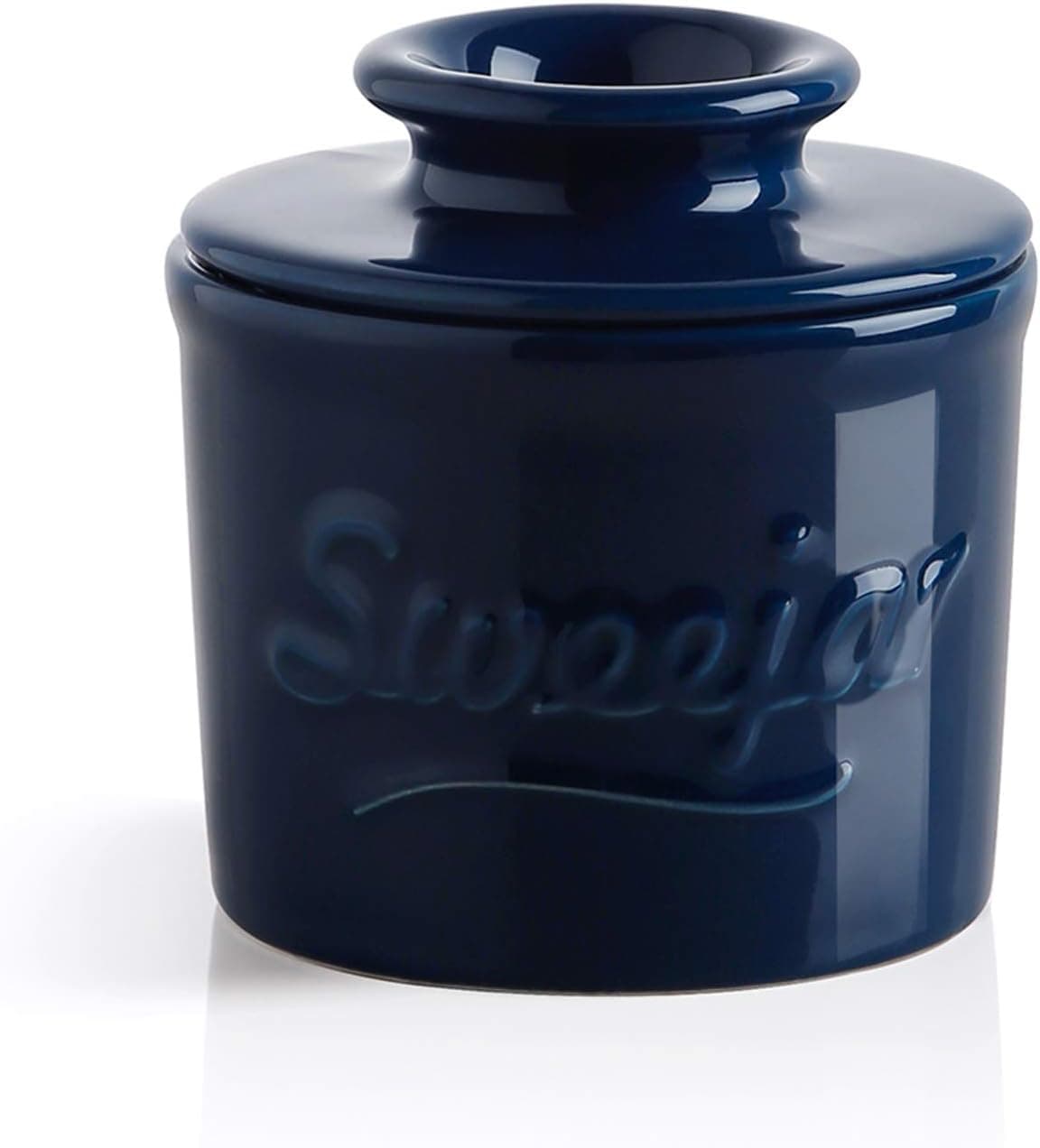 Sweejar Porcelain Butter Crock Keeper, French Butter Dish Keeps the Butter Fresh Soft & Spreadable, Serving Butter Easy for Bread Lovers Breakfast Kitchen Counter (Navy)