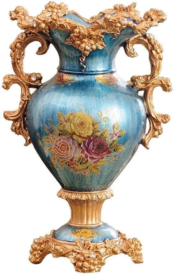 European-Style Retro Resin Large Flower Vases for Living Dining Room Table Centerpiece Bedroom Office Hotel Home Decoration Hand-Painted Tall Decorative Vase, Blue(31cm× 46cm)