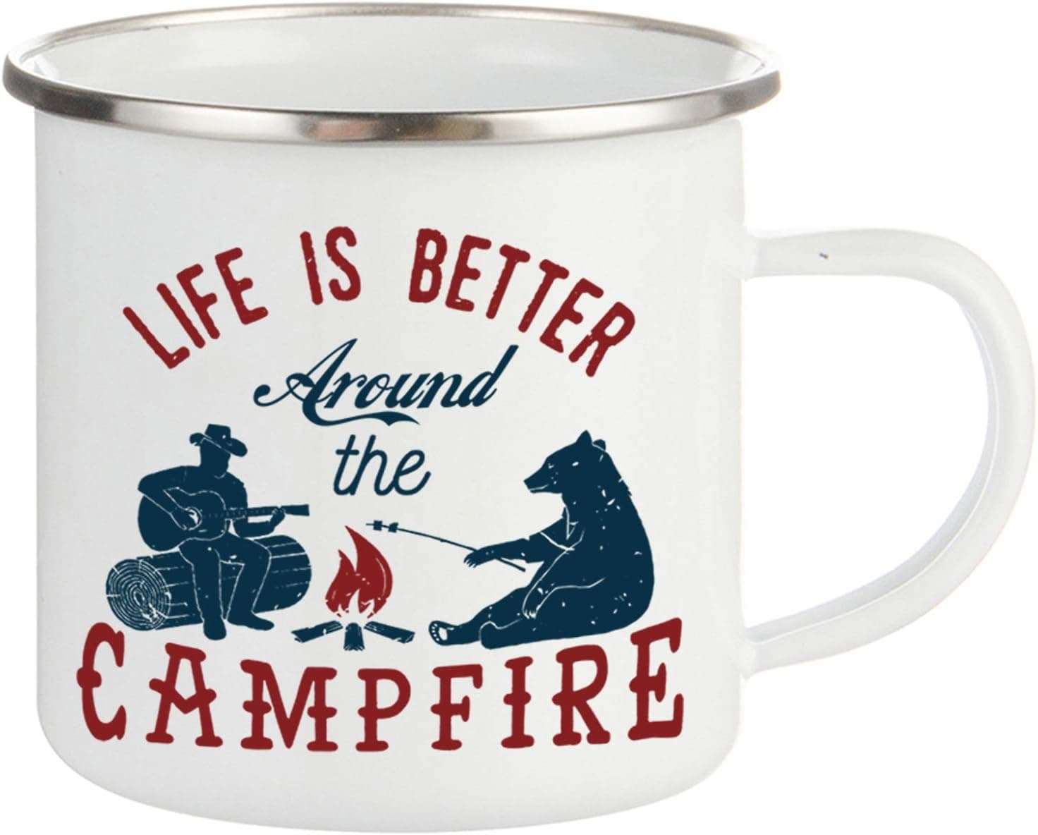 FuanYuanfang Funny Camper Coffee Mug - Life is Better Around The Campfire Enamel Mug - Mountain Camping Coffee Cup, Nature Outdoor Hiking Birthday Christmas Camp Lover Gifts for Man, Woman 11oz