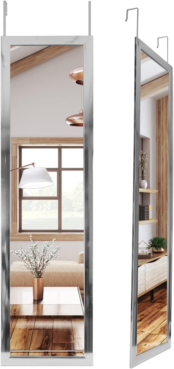 Mirrorize Full Length Over The Door Mirror, Long Door Hanging Mirror, Large Mirrors for Wall Full Body, Shatterproof Tall Floor Mirror, Silver, 49.5"X14", (HFM365S)