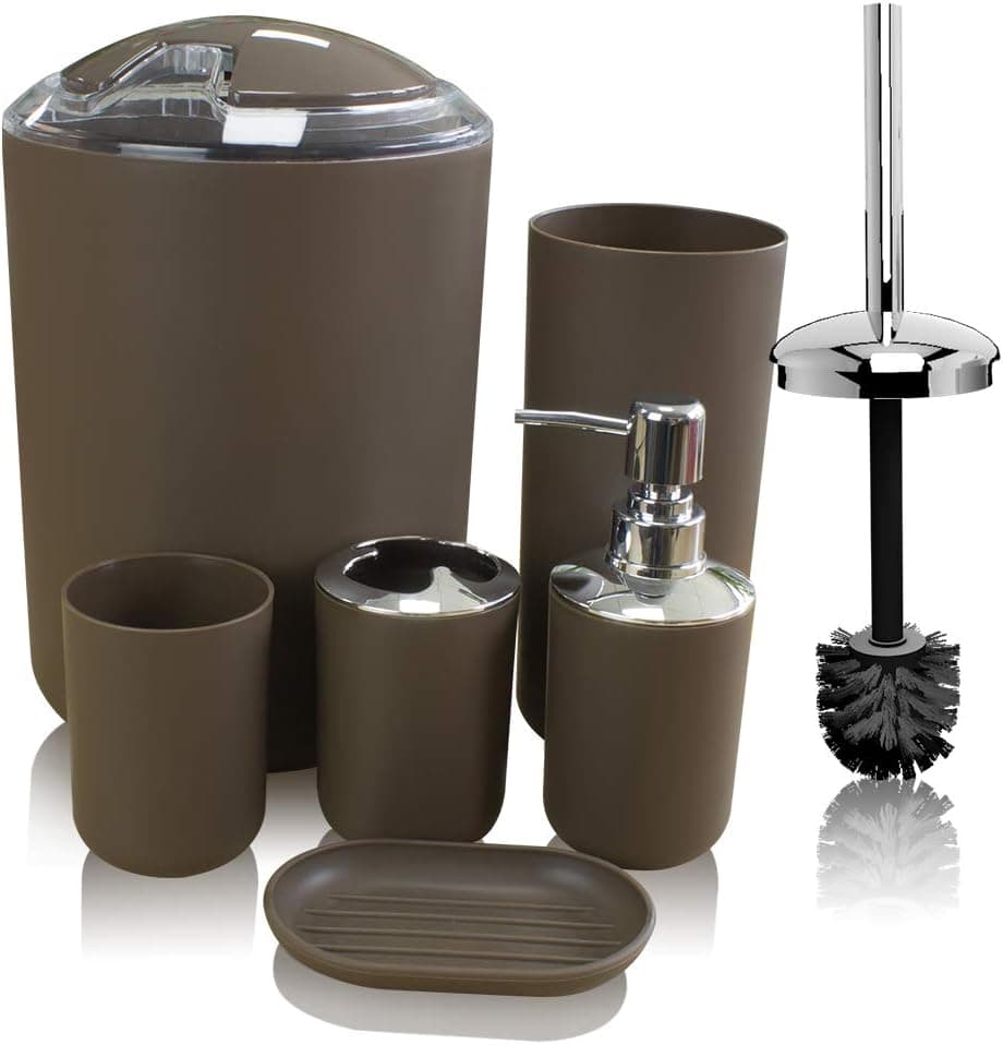 Soeland Brown Bathroom Accessories Set Complete, 6 Pieces Plastic Gift Bathroom Sets Includes Toothbrush Holder,Toothbrush Cup,Soap Dispenser,Soap Dish,Toilet Brush Holder,Trash Can