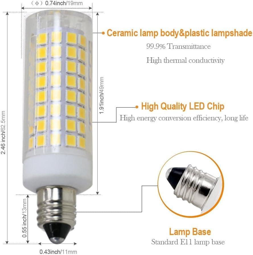 [5-Pack] E11 LED, E11 Led Bulbs, 60W Equivalent, 850 LM, Warm White 3000K, Dimmable,E11 Mini Candelabra Base, JD T3/T4 360 Degree Beam Angle for Indoor Decorative Lighting.