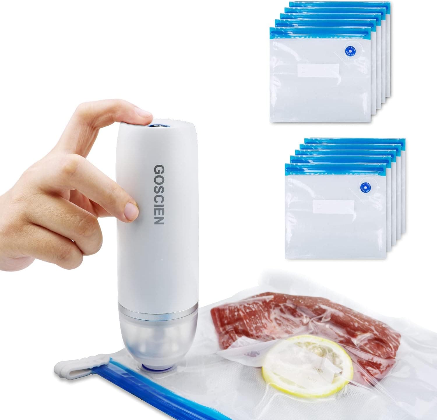 GOSCIEN Food Vacuum Sealer,Mini USB Portable Rechargeable Vacuum Sealer Machine Food Vacuum Sealer with 10 Reusable Zipper Bags Handheld Cordless 60Kpa Small Vacuum Sealer for Food Storage Kitchen (grey)