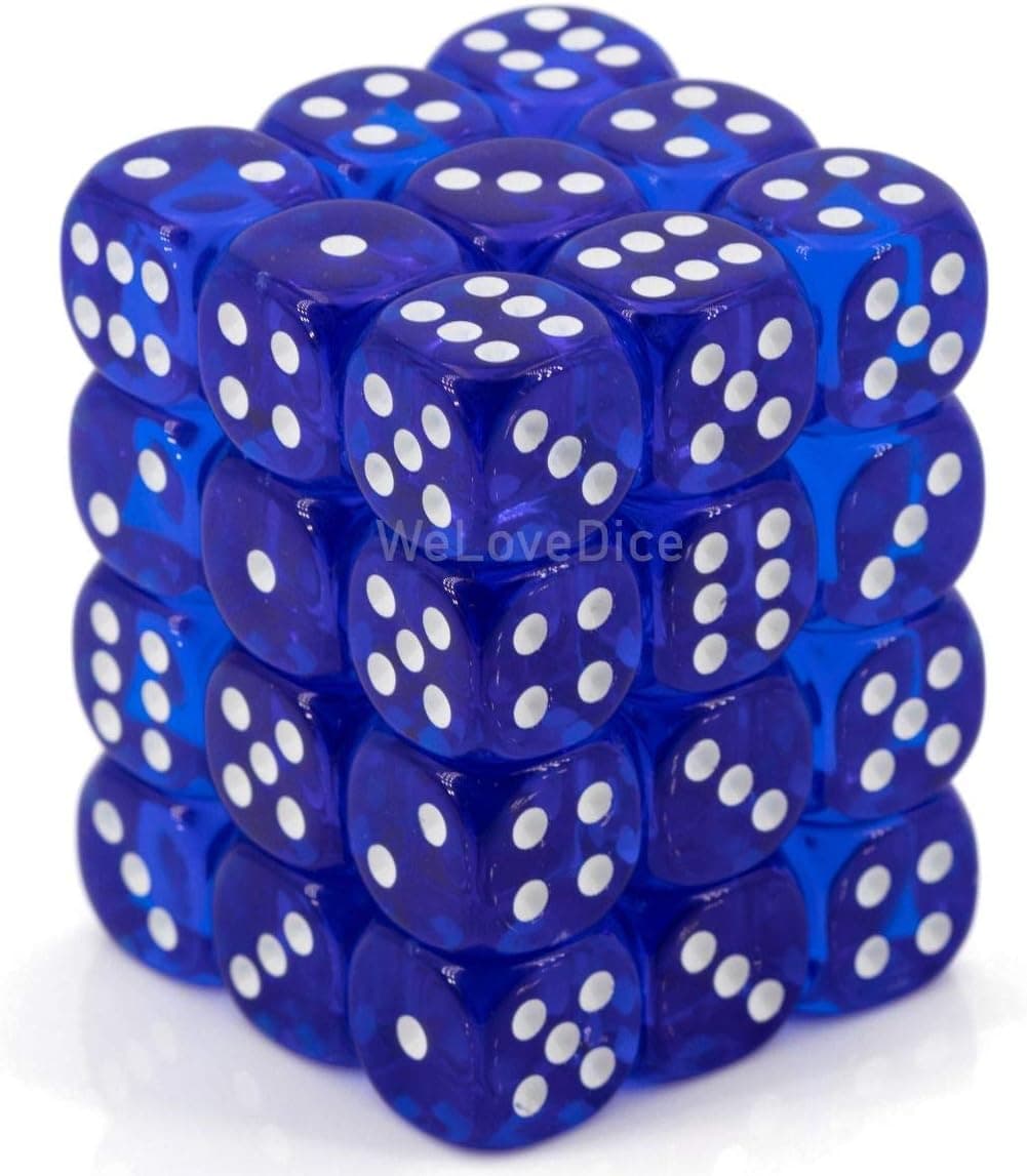 Chessex Dice d6 Sets: Blue with White Translucent - 12mm Six Sided Die (36) Block of Dice