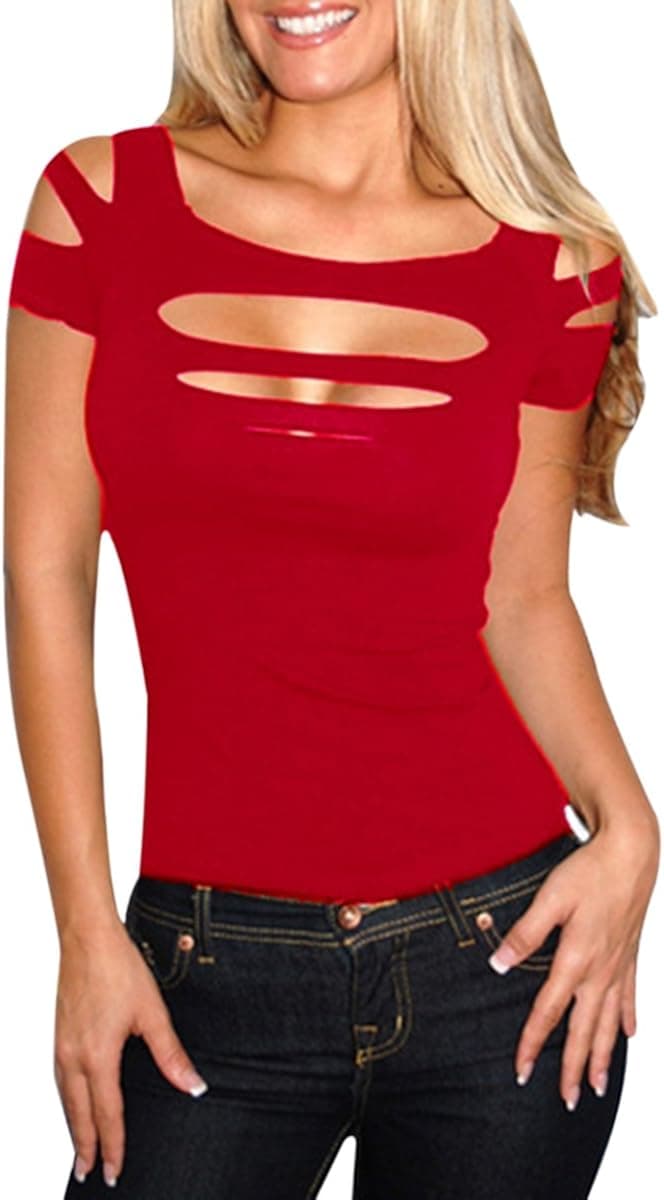 Deemers Wome's Slashed Ripped Cut Out Stretch Clubwear Party Blouse Top Pullover