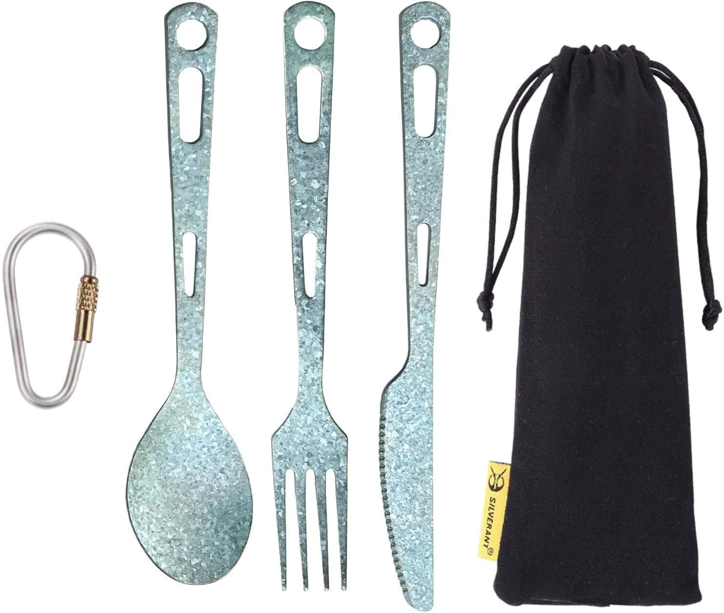 SILVERANT Titanium 3 Piece Cutlery Set, Extra Strong Ultra-Lightweight Durable Knife Fork & Spoon Tableware for Outdoor Camping & Hiking, Comes with Drawstring Bag & Titanium Carabiner-Blue