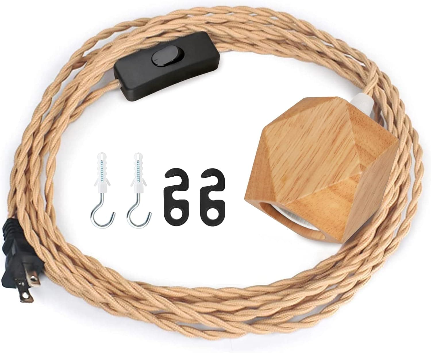 Zevnico 18FT Wood Pendant Light Cord Kit, Swag Hanging Lamp Kit with Plug in & Switch, Hanging Lights DIY Farmhouse Industrial E26 Socket Pendant Light Fixtures Vintage 18' Twisted Cloth Covered Wire