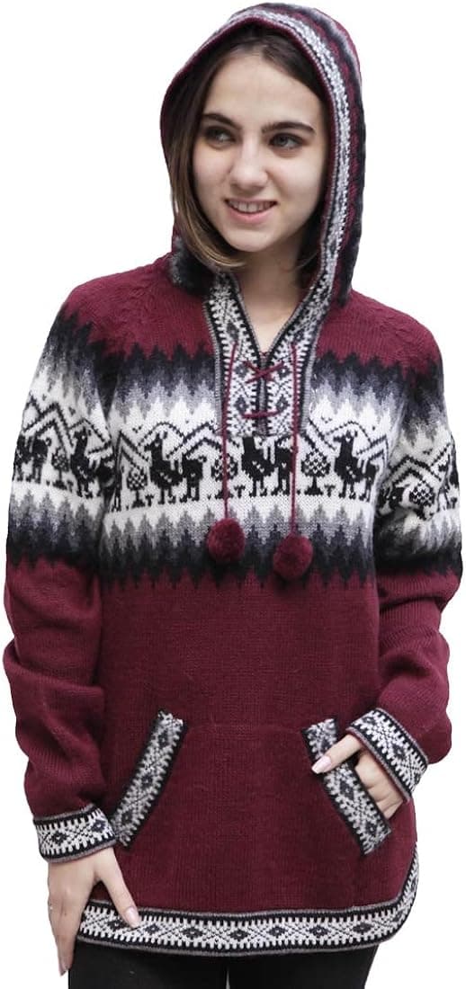 Hooded Alpaca Wool Knitted Hoodie Sweater Llamas Ethnic Design