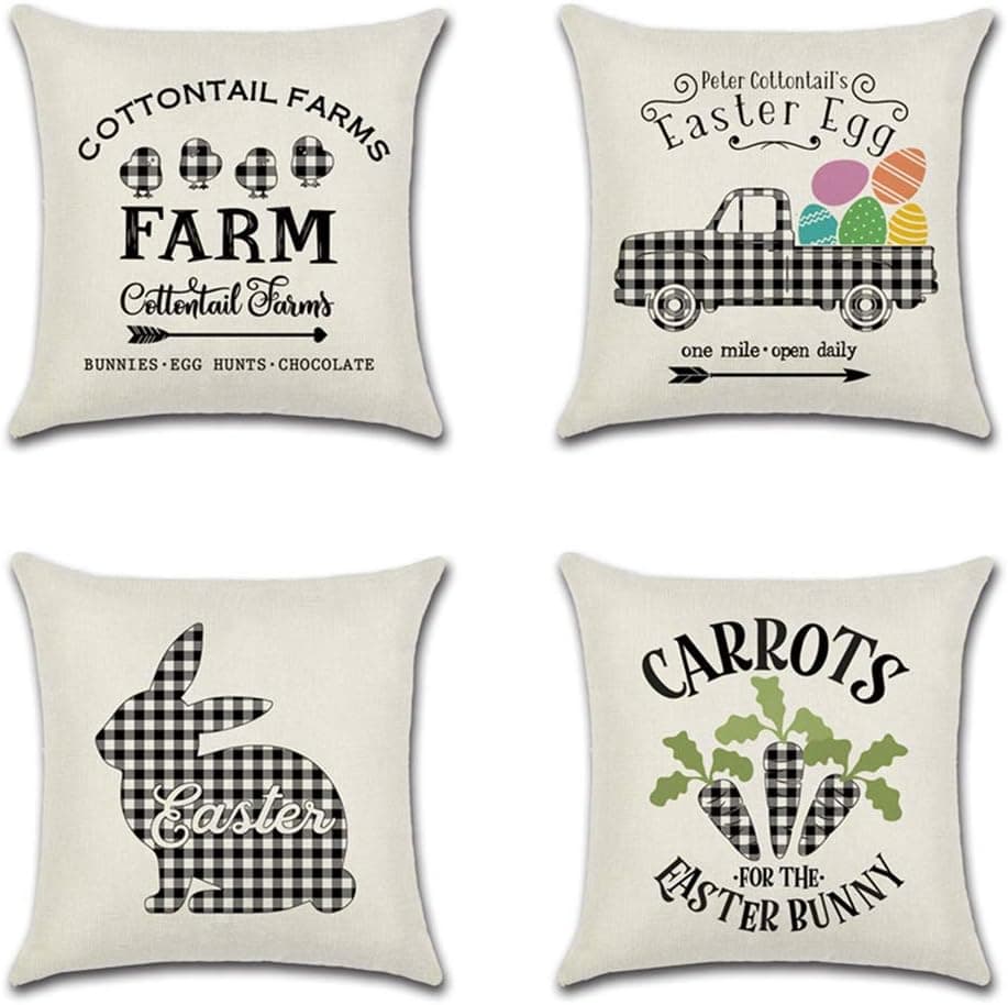 MOLECOLE Set of 4 Easter Throw Pillow Covers,Farmhouse Buffalo Plaid Bunny/Rabbit Carrot Truck Decorative Pillow Cover-18 x 18 inch for Easter Decor-Cushion Cover Decoration