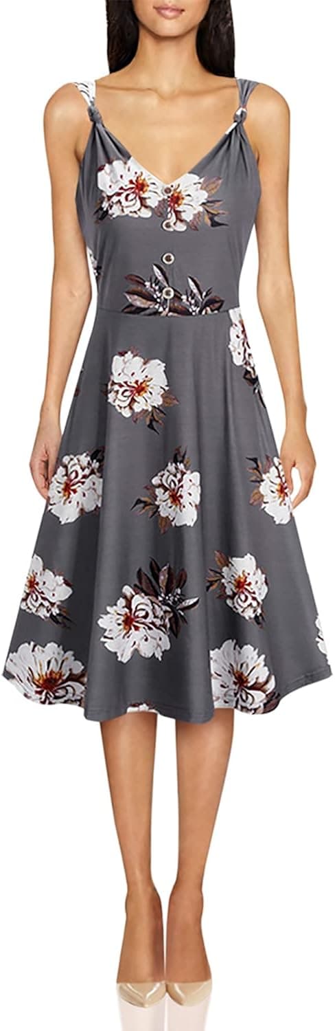 II ININ Women's Summer V Neck Sleeveless Button Down Dress with Pockets Knot Shoulder Casual for Party Beach Sundress(Floral03-607,XL)