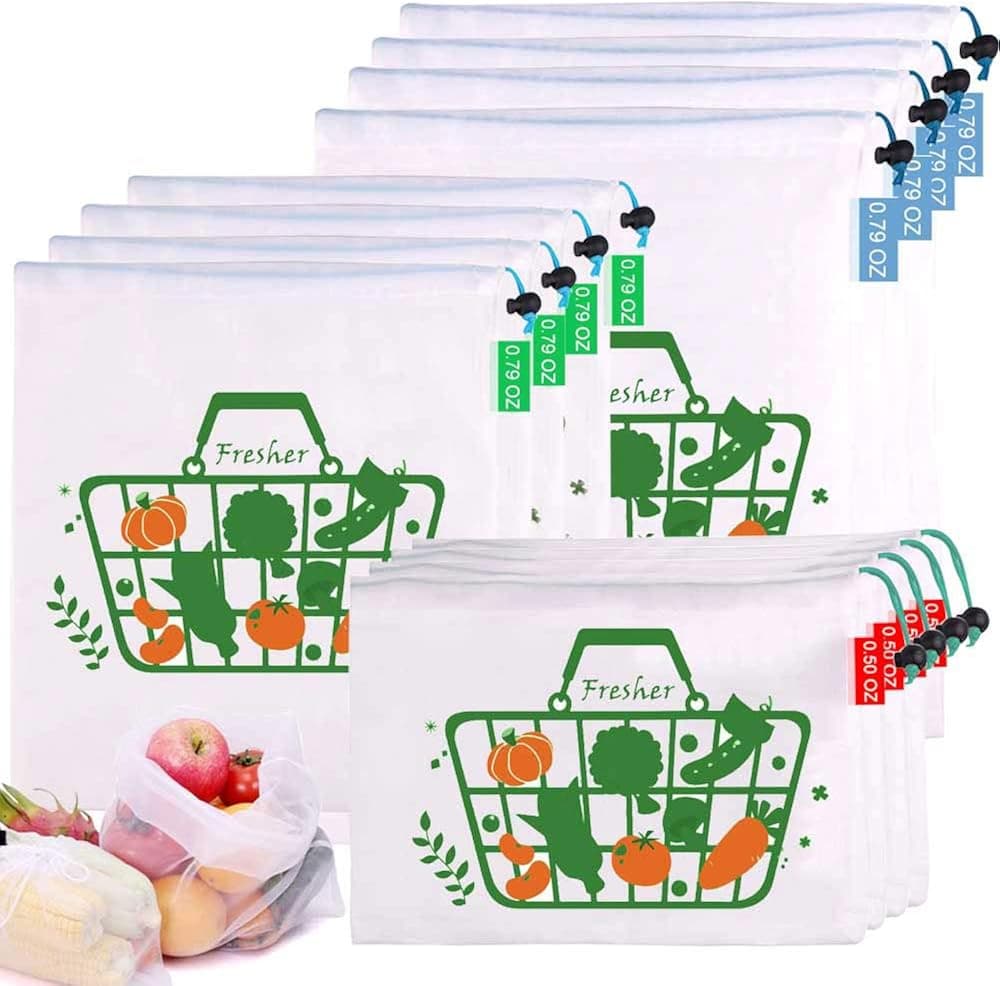 Reusable Produce Bags See Through 12 Pack 100% Food Contact Safe Washable Zero Waste Mesh Produce Bags for Grocery Shopping (12pcs-basket)