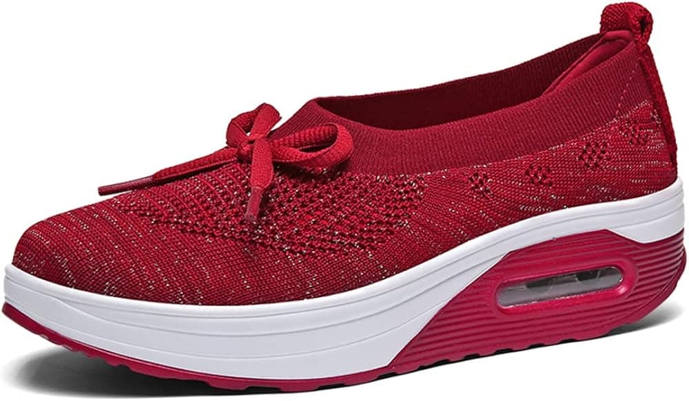 Veroders Slip On Air Cushion Platform Shoes-Breathable Mesh Casual Wedges Mary Jane Shoes Women's Walking Sneakers VD-JJRX-1928Red 38