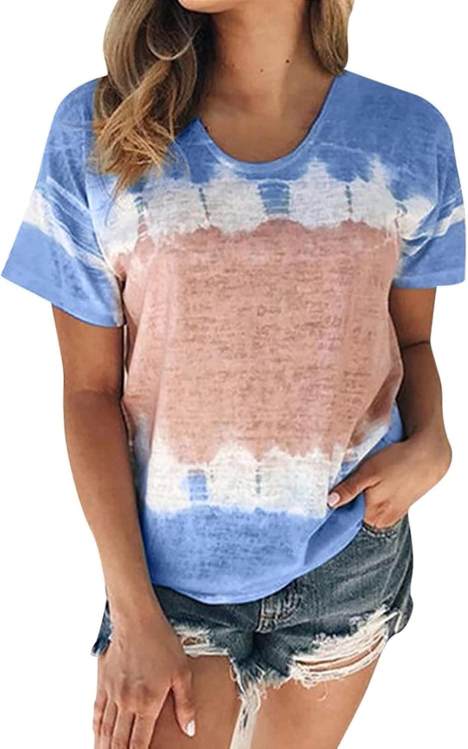 Women Summer Loose Fit Tshirt Tops Casual Trendy Round Neck Tunic Tie Dye Tee Ladies Short Sleeve Cotton Comfy Blouses
