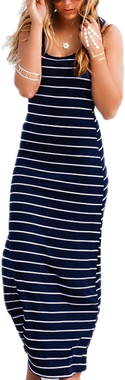 kenoce Women's Striped Long Dress Scoop Neck Sleeveless Loose Casual Maxi Beach Sundress Blue XL