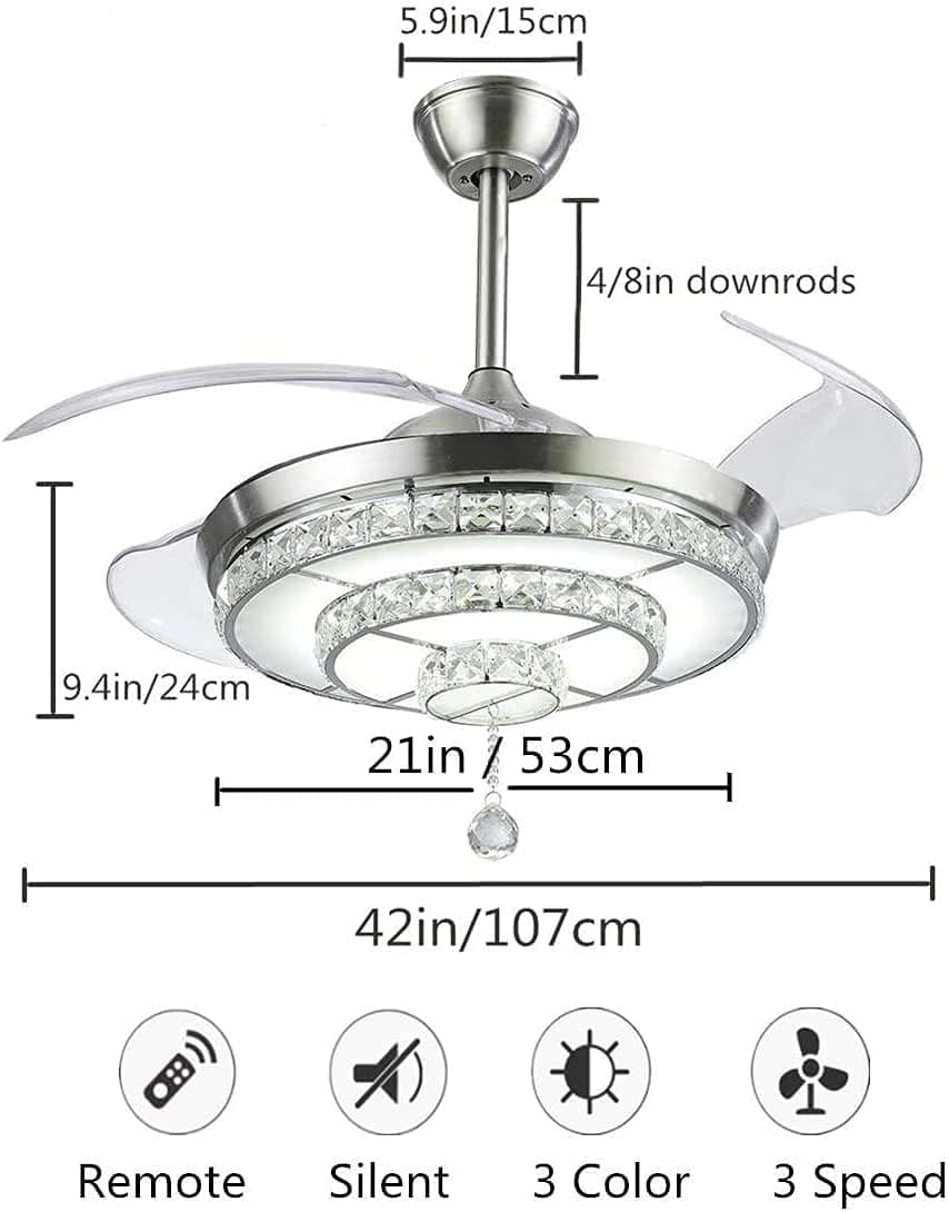 efperfect 42" Crystal Ceiling Fan with Light Retractable Blades Chrome Modern LED Chandelier Remote 3 Color Changes 3 Speeds Silent Ceiling Fans Lighting Fixture, LED Kits Included