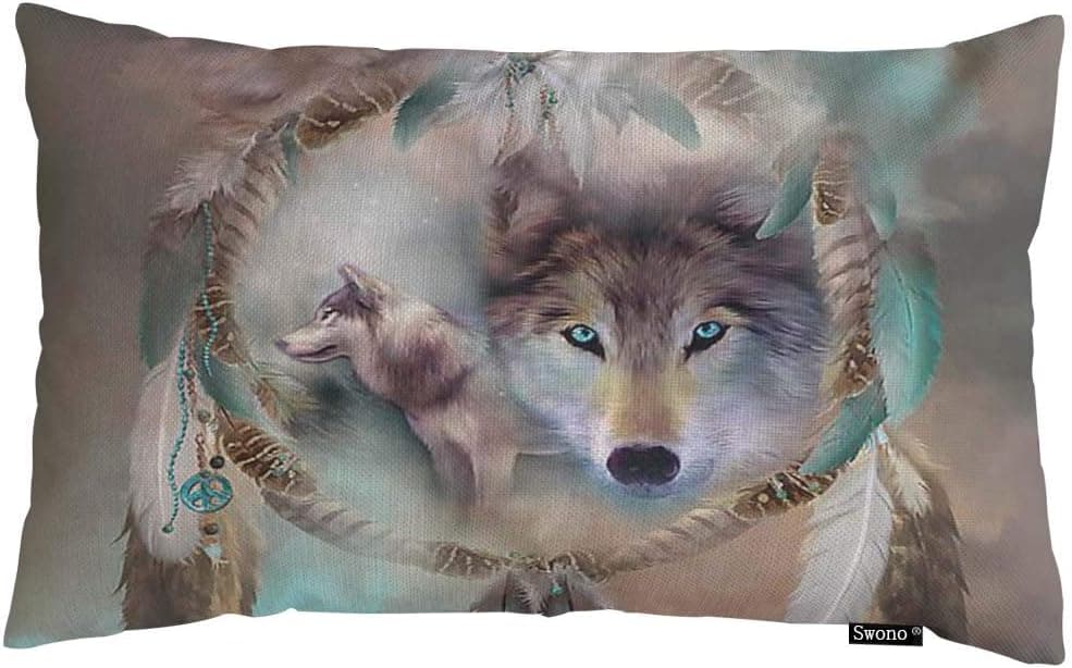 Swono Wolf Throw Pillow Cover Fantastic Best Cool Wolf with Dream Catcher Cotton Linen Decorative Rectangular Pillowcase for Sofa and Bed Couch 12"X20"