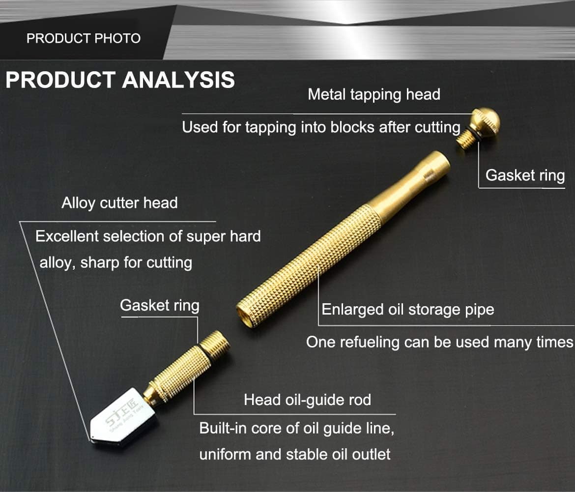 Professional Heavy Duty 5mm-12mm Pencil Oil Feed Carbide Tip Glass Cutter Cutting Tool (Golden)