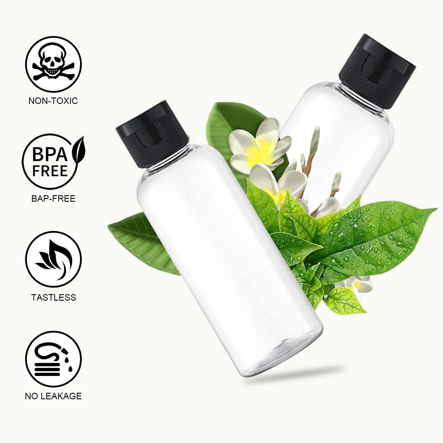 2 oz/60ml Plastic Bottles with Flip Cap, Empty Refillable Bottles for Travel, Shampoo, Cream, Liquid, Lotion, Body Soap, Set of 32(Black Cap)