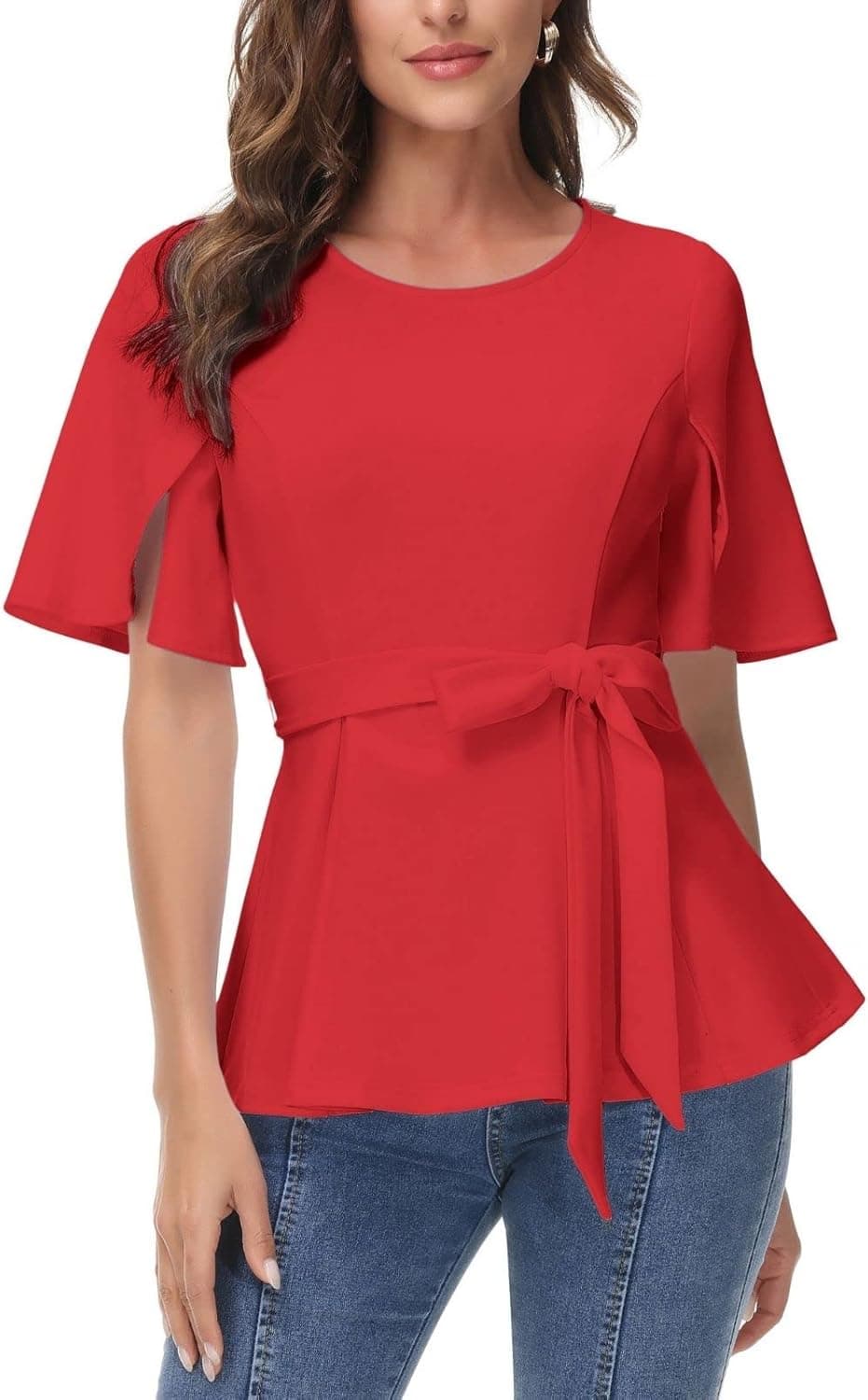 Kate Kasin Women’s Tie Waist Crew Neck Peplum Tops Ruffle Short Sleeve Office A-Line Shirts